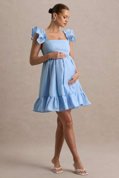 Club L London Dolly Daze | Powder Blue Ruffle Sleeve Babydoll Maternity Mini Dress