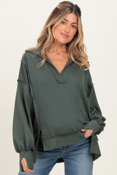 PinkBlush Olive Long Sleeve Reverse Stitch Collared Maternity Top