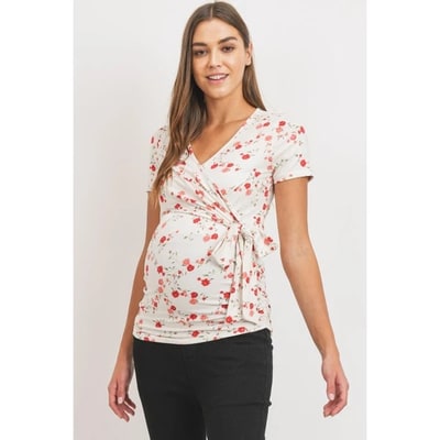 Target Hello Miz Women's Floral Wrap Nursing Short Sleeve Maternity Top- Ivory - Large