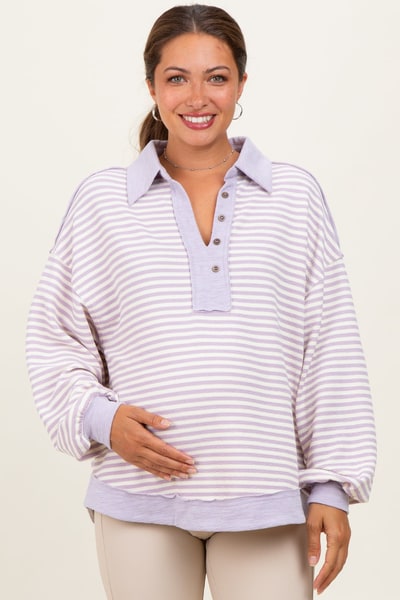 PinkBlush Lavender Striped Oversized Collared Pullover Maternity Top