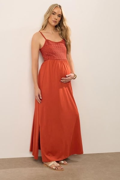 Yours Clothing LTS Tall Maternity Rust Orange Cotton Crochet Bust Maxi Dress