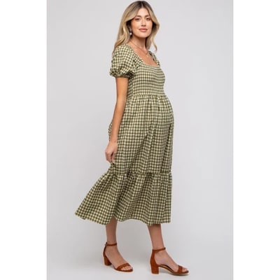 Target PinkBlush Olive Gingham Smocked Maternity Midi Dress Olive Large