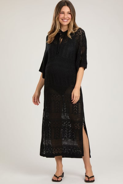 PinkBlush Black Open Knit Front Tie Side Slit Midi Maternity Swim Cover Up