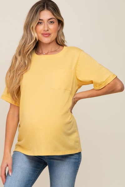 PinkBlush Yellow Oversized Pocket Front Short Sleeve Maternity Top