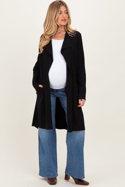 PinkBlush Black Knit Open Front Long Maternity Cardigan