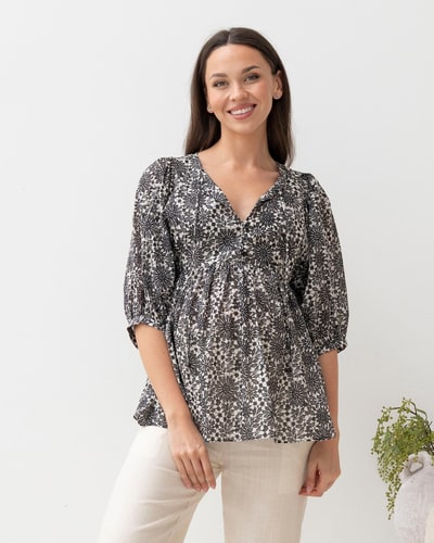 Angel Maternity Black Daisy Print Cotton Tunic Top
