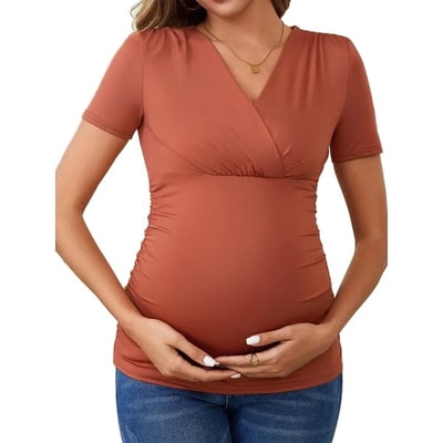 Target INSPIRE CHIC Women's Summer Nursing Blouse V Neck Short Sleeve Maternity Ruched Tops Medium Reddish Brown