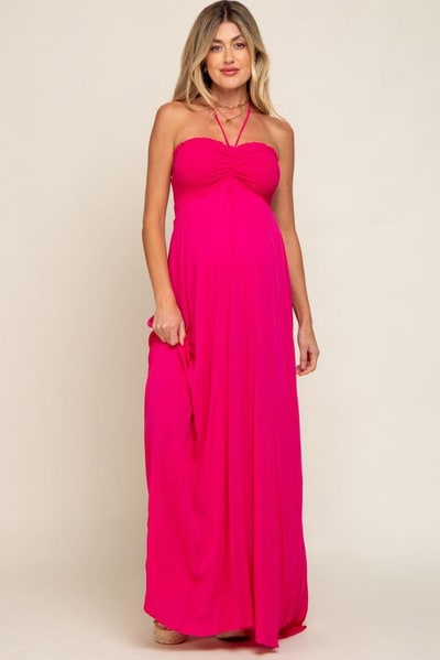 PinkBlush Fuchsia Smocked Halter Maternity Maxi Dress