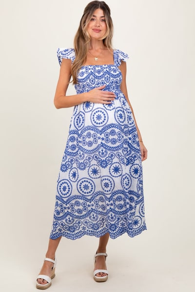 PinkBlush Light Navy Embroidered Smocked Cutout Maternity Midi Dress