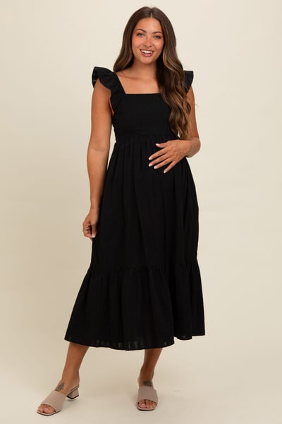 PinkBlush Black Textured Cotton Ruffle Strap Maternity Midi Dress