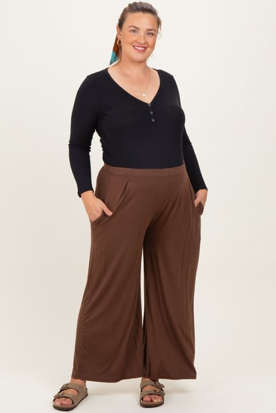 PinkBlush Brown Wide Leg Ankle Maternity Plus Lounge Pants