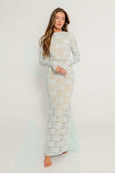 Worth Collective Seraphine Lace Maxi Dress in Pale Blue - Bump Friendly (Size Up for Bump)