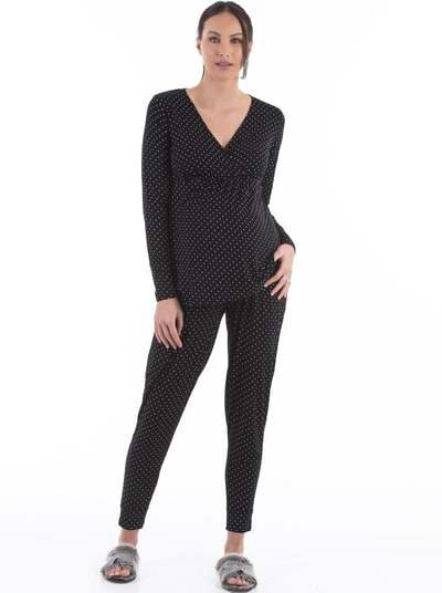 Angel Maternity V-Neck Top and Pants Loungewear/Pajama Set - Black Polka Dot