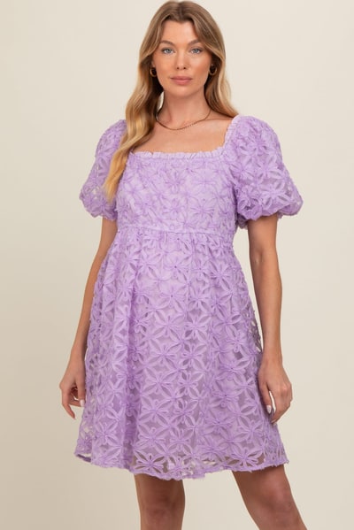 PinkBlush Lavender Floral Mesh Lace Puff Sleeve Maternity Dress