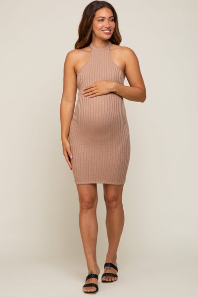 PinkBlush Taupe Textured Knit Halter Fitted Maternity Dress