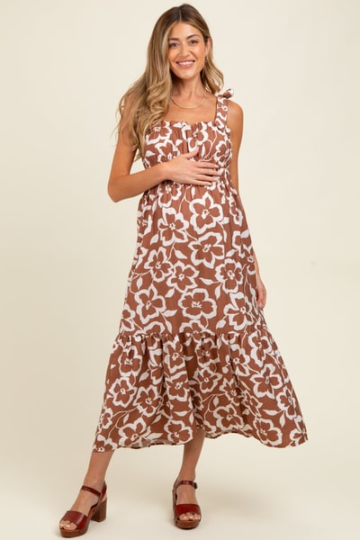 PinkBlush Mocha Floral Tiered Shoulder Tie Maternity Midi Dress