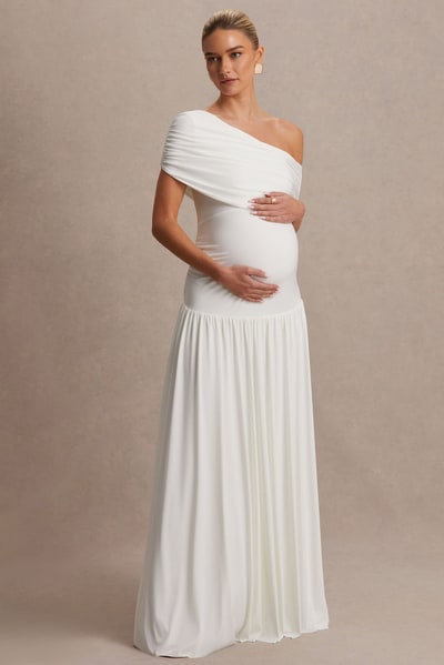 Club L London Noah | White Asymmetric-Neck Maternity Maxi Dress With Drop-Waist