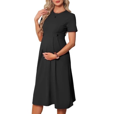 Target INSPIRE CHIC Women's Maternity Dress A Line Crewneck Short Sleeve Stretchy Summer Office Work Midi Pregnancy Dresses Medium Black