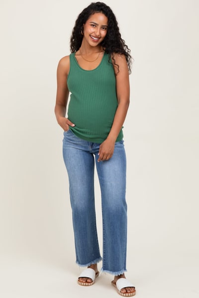 PinkBlush Blue Frayed Hem Ankle Straight Leg Maternity Jeans