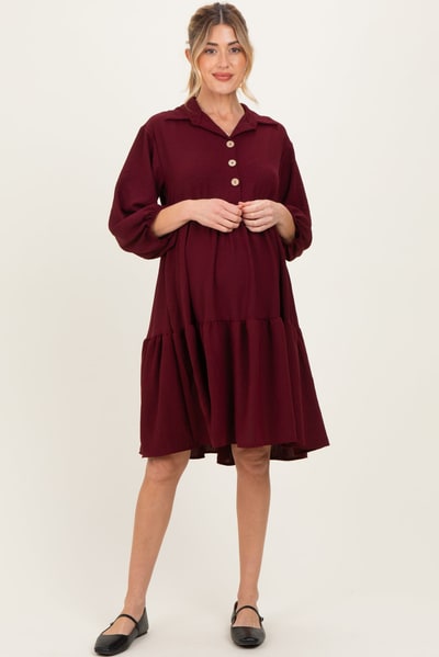 PinkBlush Burgundy Long Sleeve Button Down Collared Tiered Maternity Dress