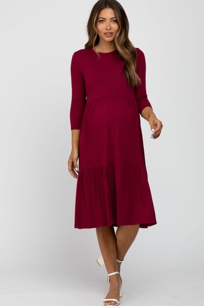 PinkBlush Burgundy Tiered Ribbed 3/4 Sleeve Maternity Midi Dress