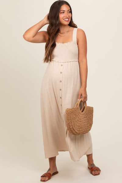 PinkBlush Beige Button Down Smocked Maternity Dress