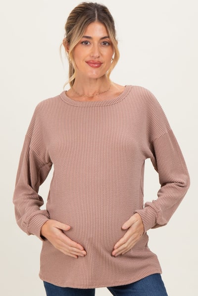 PinkBlush Taupe Puff Sleeve Solid Ribbed Maternity Top