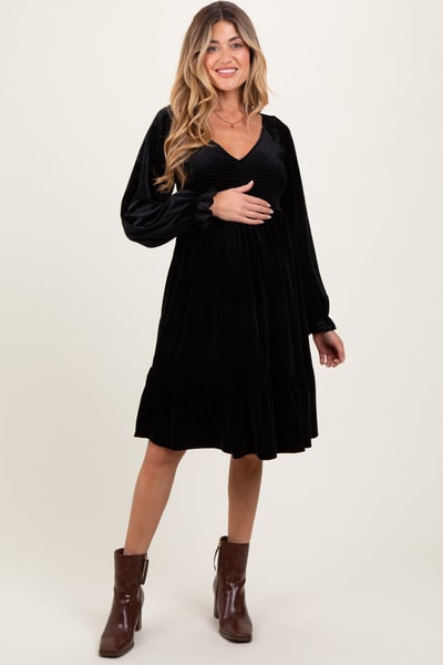 PinkBlush Black Velvet Smocked Maternity Long Sleeve Dress