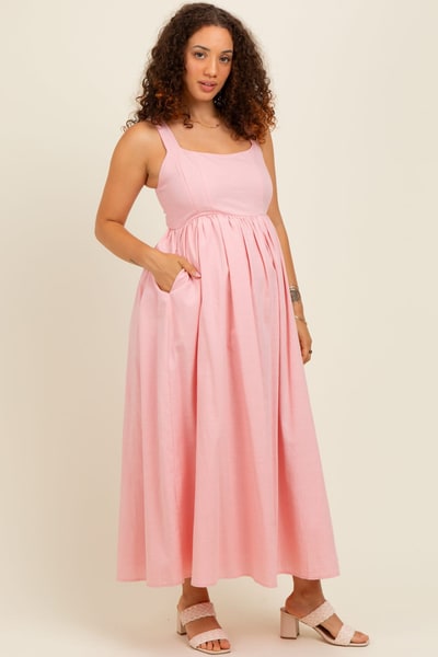 PinkBlush Pink Square Neck Fit And Flare Maternity Midi Dress