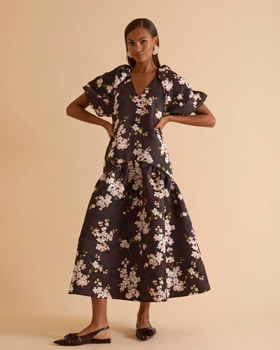 For The Creators Puff Sleeve Tiered Midi Dress – Chocolate Blossom