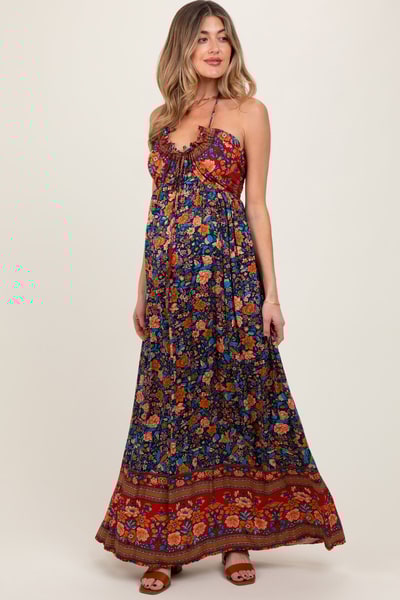 PinkBlush Navy Floral Colorblock Halter Tie Back Maternity Maxi Dress