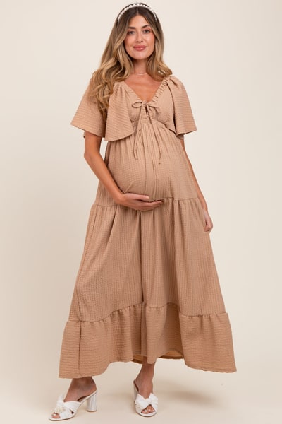 PinkBlush Taupe Woven Textured Flutter Sleeve V-Neck Tiered Maternity Maxi Dress
