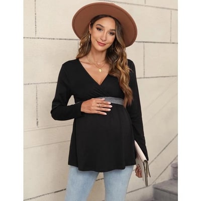 Target Garvee Womens Maternity Shirts Long Sleeve Pregnancy Tops Casual V Neck Knit Pregnant Blouses Black X-Large
