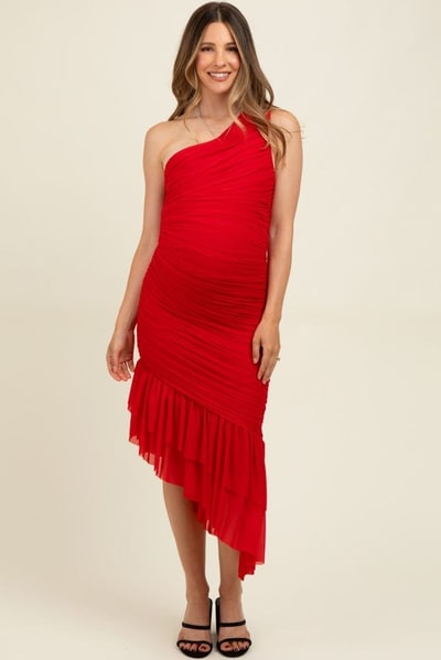 PinkBlush Red Ruched Mesh One Shoulder Asymmetric Maternity Dress