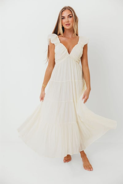 Worth Collective Katy Pleated Bodice Maxi Dress in Cream - Bump Friendly