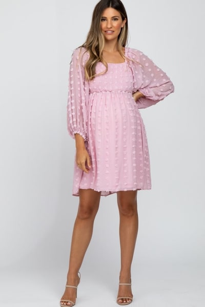 PinkBlush Pink Textured Dot Smocked Square Neck Chiffon Maternity Dress