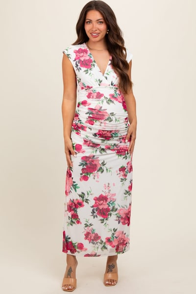 PinkBlush Pink Floral Mesh Ruched Sides Maternity Maxi Dress