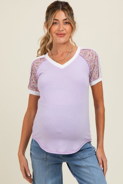 PinkBlush Lilac Floral Contrast Short Sleeve Maternity Top