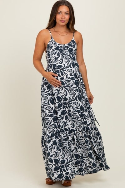 PinkBlush Charcoal Floral Waist Tie Maternity Maxi Dress