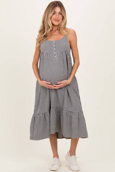 PinkBlush Black Gingham Sleeveless Maternity Midi Dress