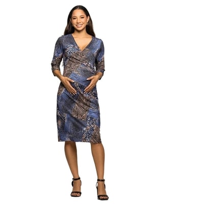 Target 24seven Comfort Apparel Maternity Three Quarter Sleeve Faux Wrap Dress in Blue Animal Print