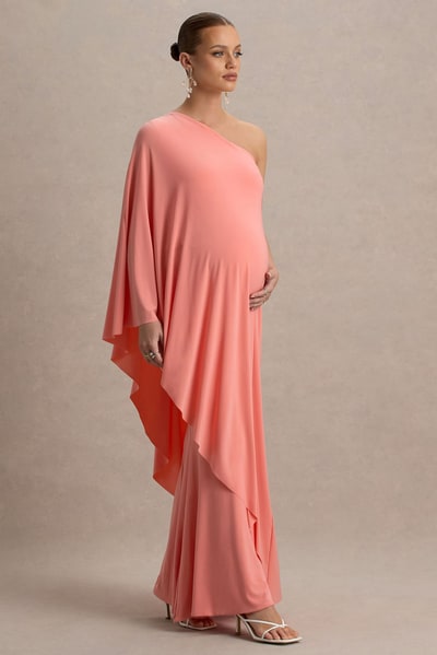 Club L London Waves | Coral Asymmetric Maternity Maxi Dress With One-Sleeve Cape