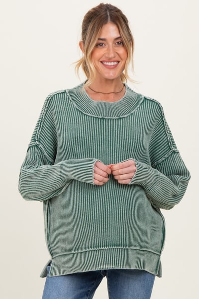 PinkBlush Dark Green Washed Side Slit Oversized Maternity Sweater