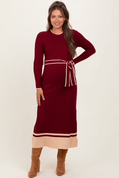 PinkBlush Burgundy Elegant Ribbed Midi Sweater Dress With Belt