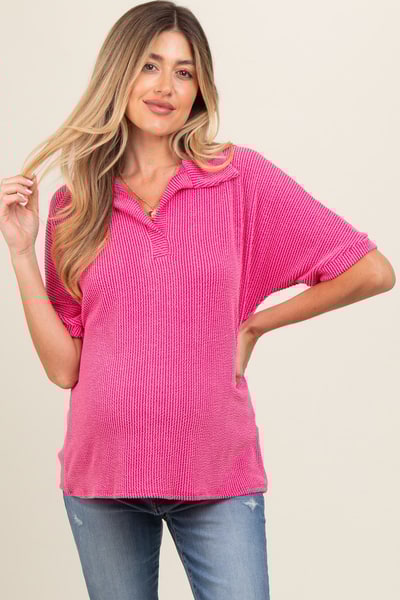 PinkBlush Fuchsia Ribbed Collared Maternity Top
