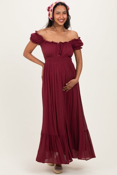 PinkBlush Burgundy Smocked Waist Off Shoulder Maternity Maxi Dress
