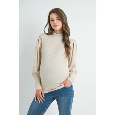 Target Hello Miz Women's Ribbed Puff Sleeve Mock Neck Maternity Top - Oatmeal - Medium
