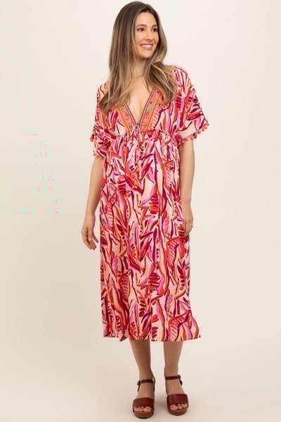 PinkBlush Orange Embroidered V-Neck Short Pom Sleeve Maternity Midi Dress