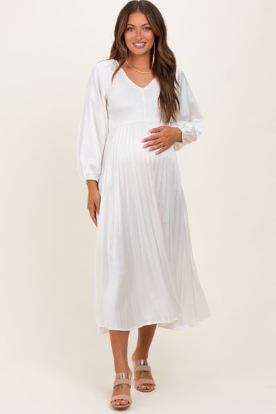 PinkBlush Cream Satin Smocked Pleated Maternity Midi Dress