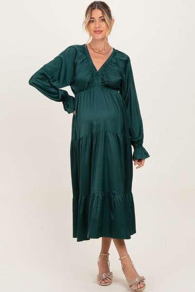 PinkBlush Hunter Green Solid V-Neck Satin Long Sleeve Maternity Maxi Dress